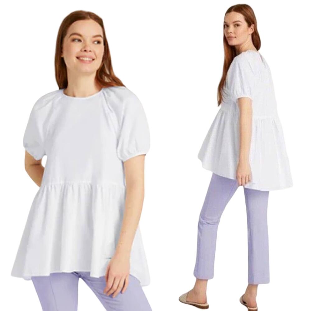 Hill House Francesca Top High Low Blouse Peplum Cotton White NEW Womens Small